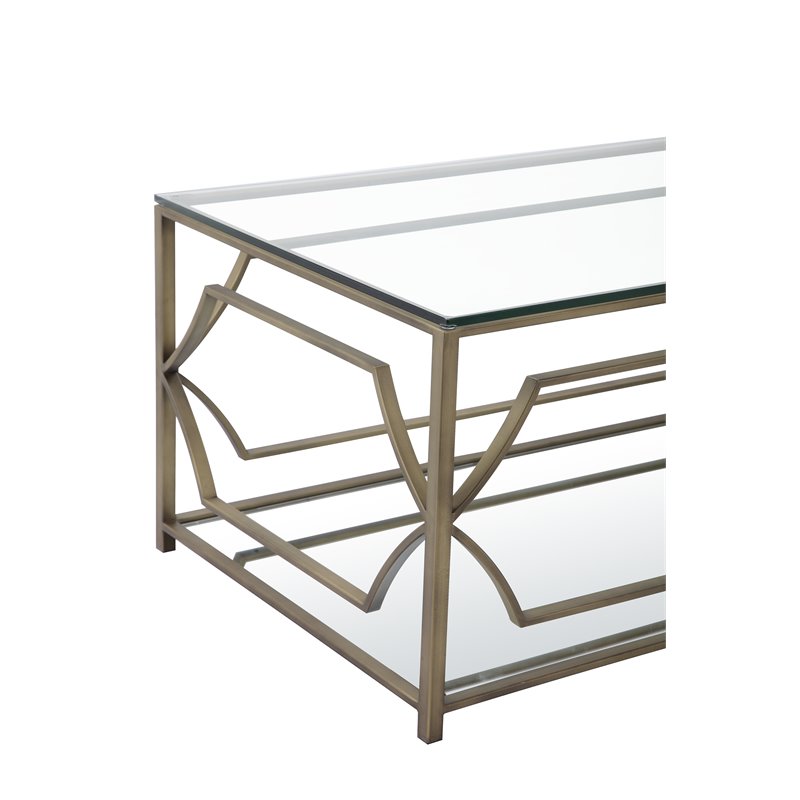 Pangea Home Edward Metal Rectangle Coffee Table with Glass in Brushed Brass