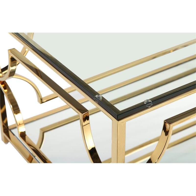 Pangea Home Edward Metal Rectangle Coffee Table with Glass in Polished Gold
