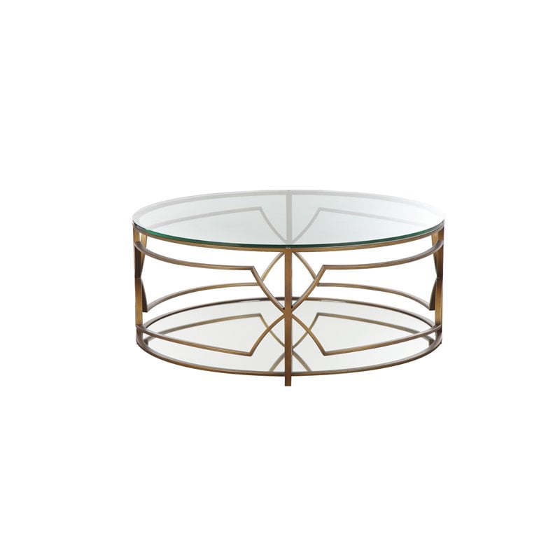 Pangea Home Edward Metal Round Coffee Table with Glass in Brushed Brass