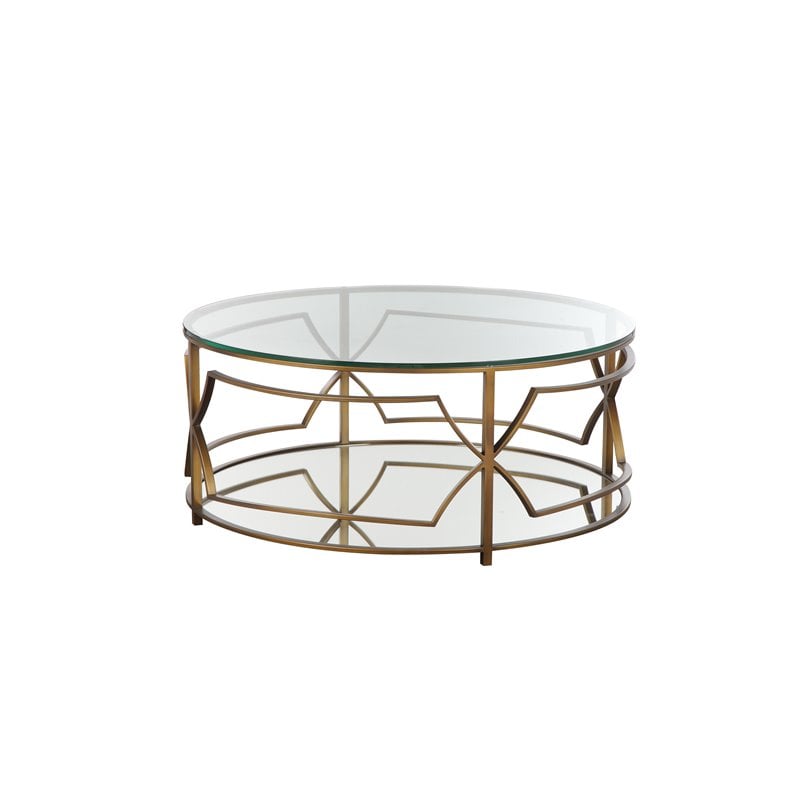 Pangea Home Edward Metal Round Coffee Table with Glass in Brushed Brass