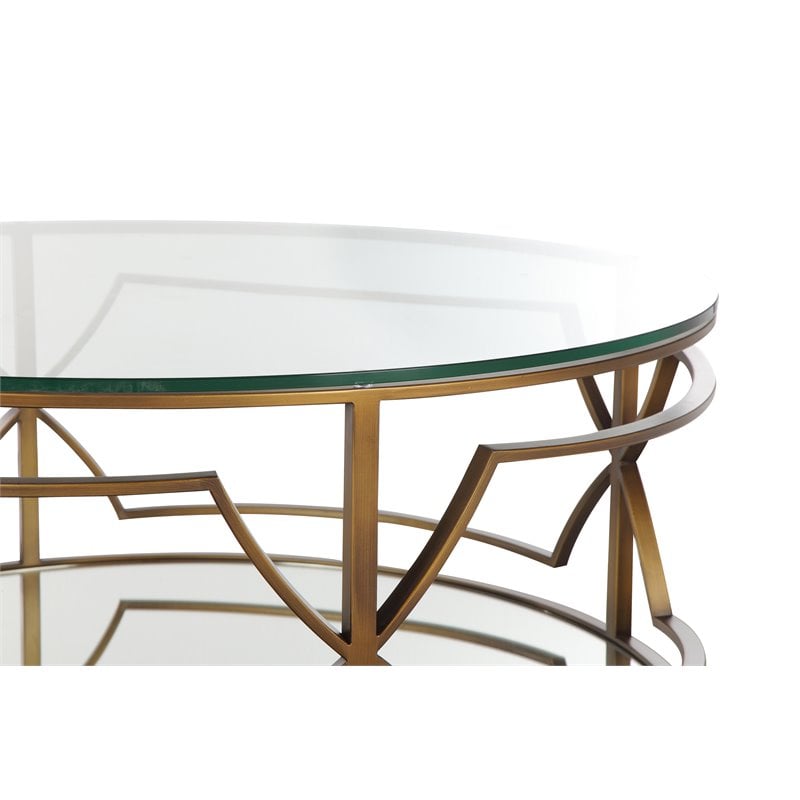 Pangea Home Edward Metal Round Coffee Table with Glass in Brushed Brass