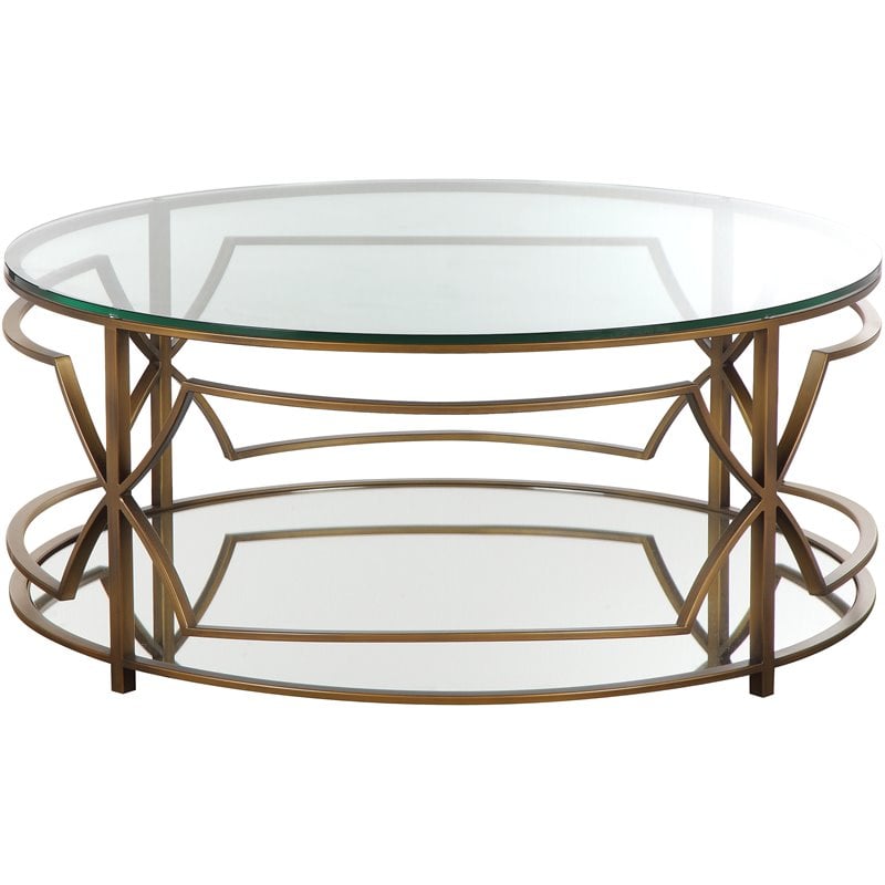 Pangea Home Edward Metal Round Coffee Table with Glass in Brushed Brass