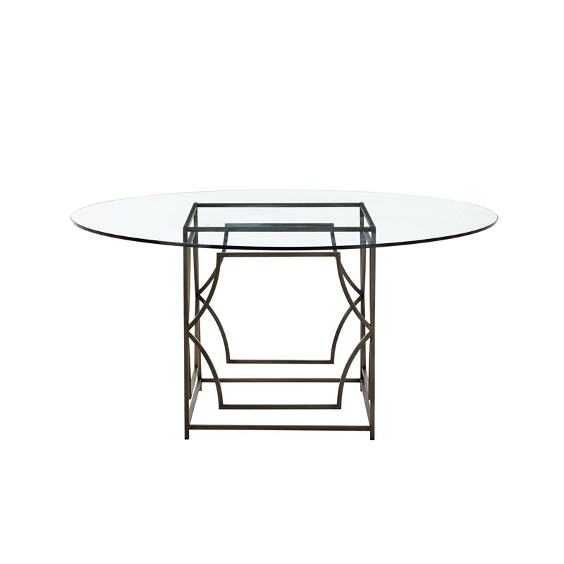 Pangea Home Edward Metal Round Dining Table with Glass in Brushed Brass