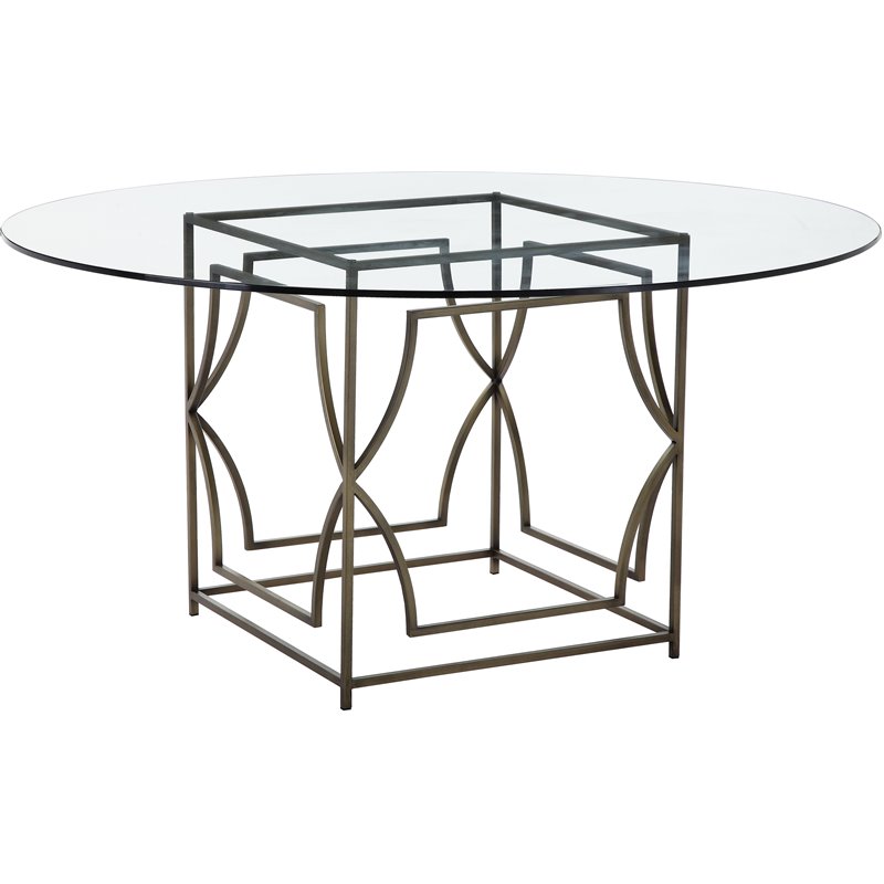 Pangea Home Edward Metal Round Dining Table with Glass in Brushed Brass