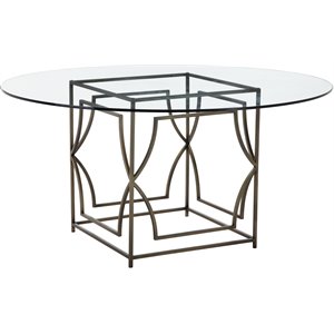Pangea Home Edward Metal Round Dining Table with Glass in Brushed Brass