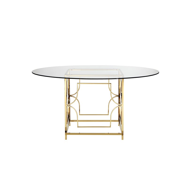 Pangea Home Edward Metal Round Dining Table with Glass in Polished Gold