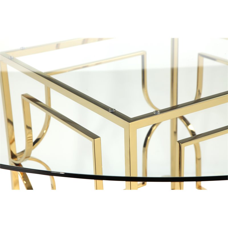 Pangea Home Edward Metal Round Dining Table with Glass in Polished Gold