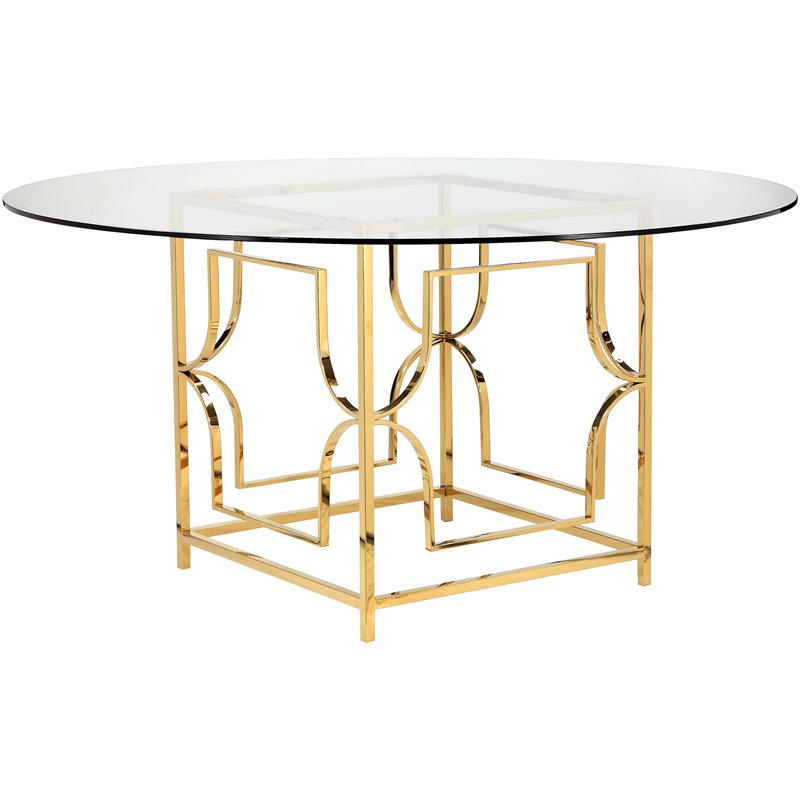 Pangea Home Edward Metal Round Dining Table with Glass in Polished Gold