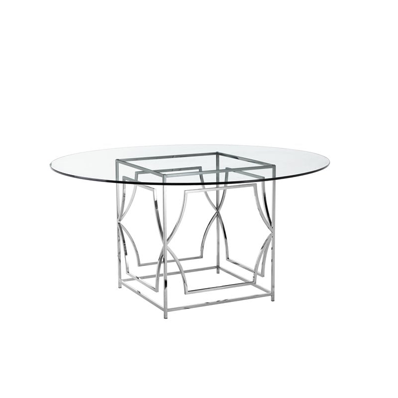 Pangea Home Edward Metal Round Dining Table with Glass in Silver