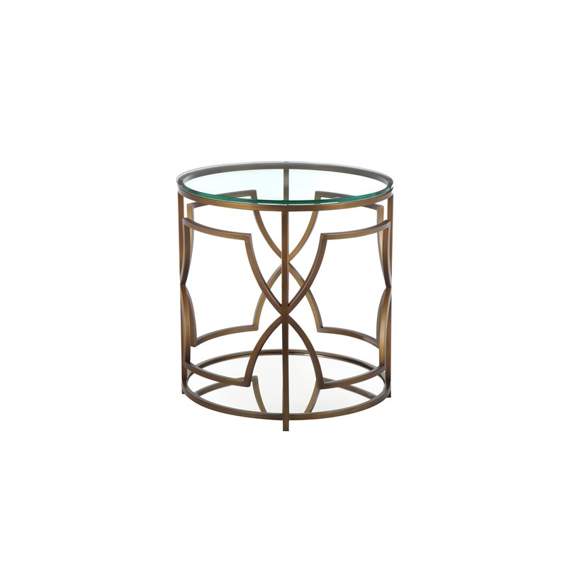 Pangea Home Edward Metal Round Side Table with Glass in Brushed Brass