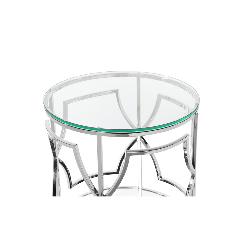 Pangea Home Edward Metal Round Side Table with Glass in Silver