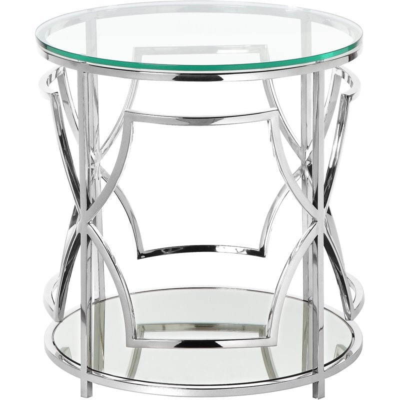 Pangea Home Edward Metal Round Side Table with Glass in Silver