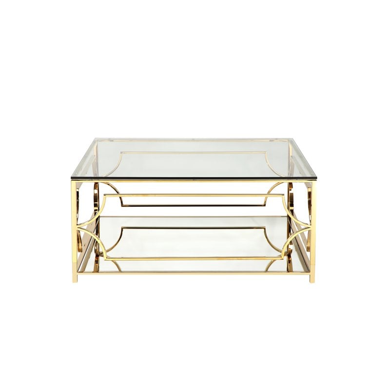 Pangea Home Edward Metal Square Coffee Table with Glass in Polished Gold