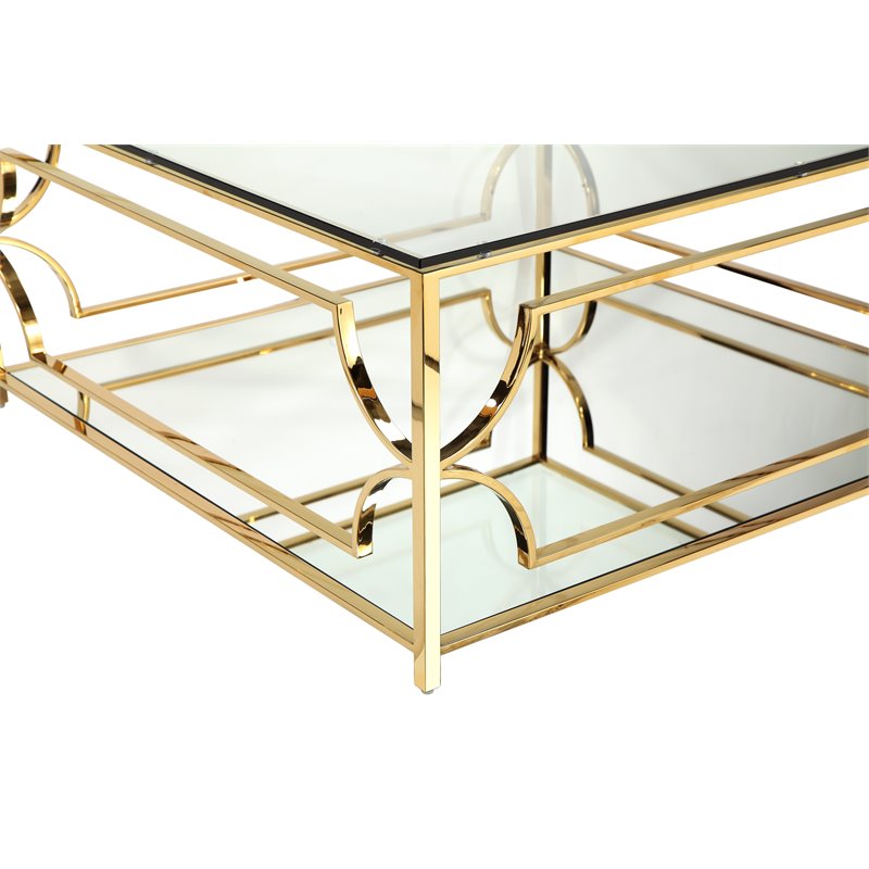 Pangea Home Edward Metal Square Coffee Table with Glass in Polished Gold