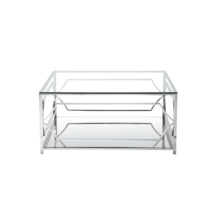 Pangea Home Edward Metal Square Coffee Table with Glass in Silver