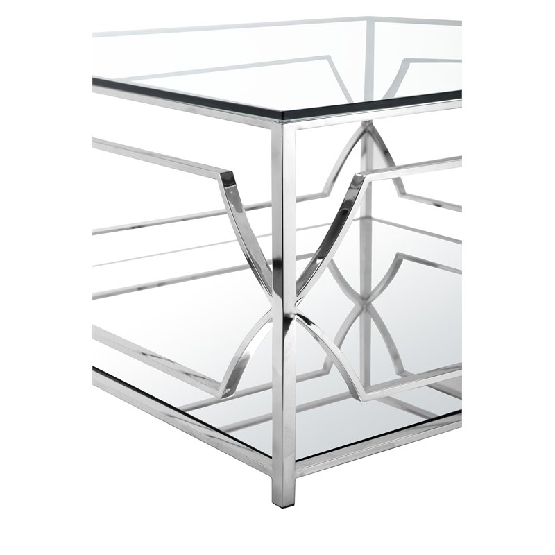 Pangea Home Edward Metal Square Coffee Table with Glass in Silver