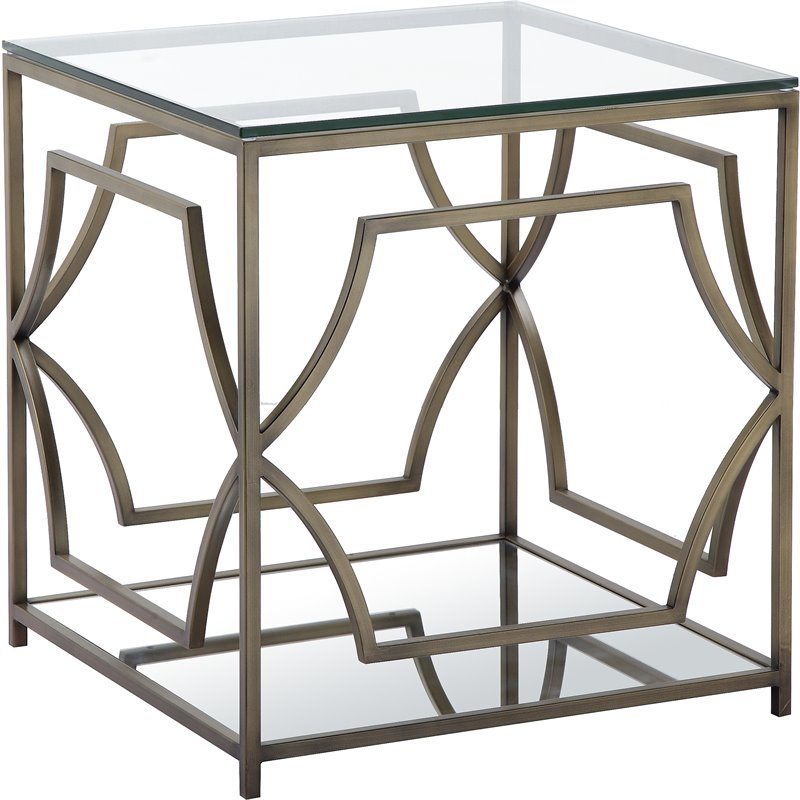 Pangea Home Edward Metal Side Table with Glass in Brushed Brass