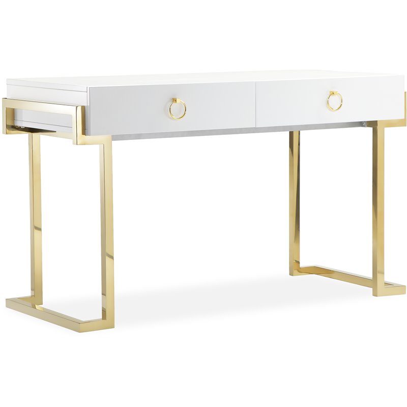 Pangea Home Julia Stainless Steel Desk in Glossy White Lacquer & Gold