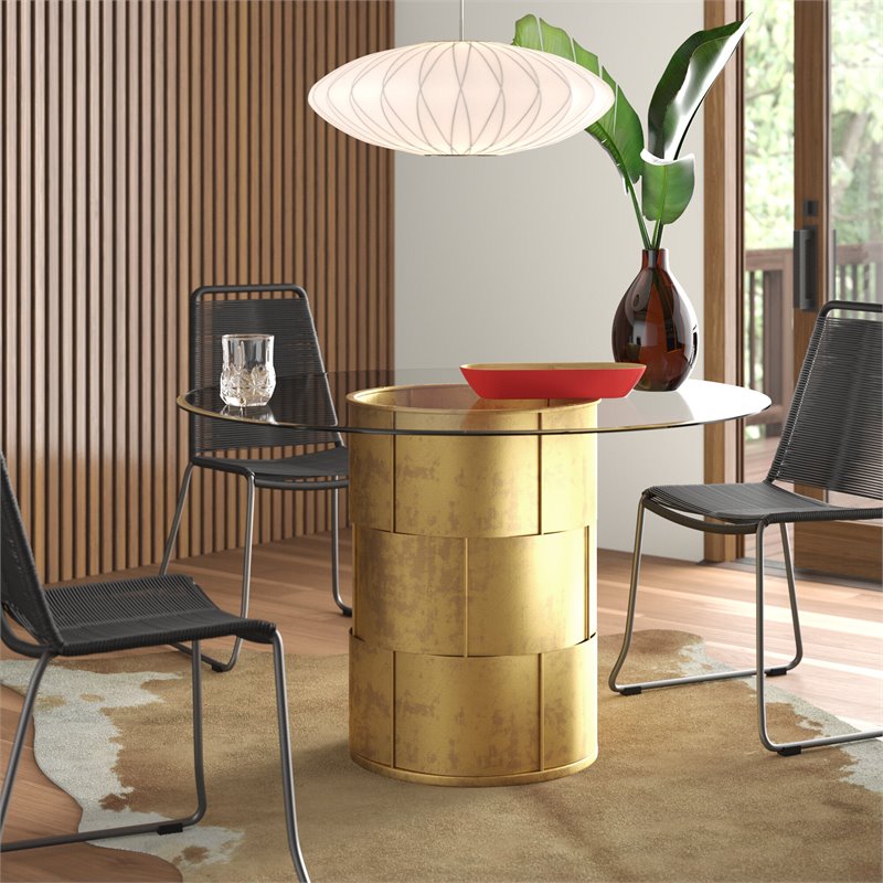 Pangea Home Margot Metal Dining Table with Glass in Gold Leaf