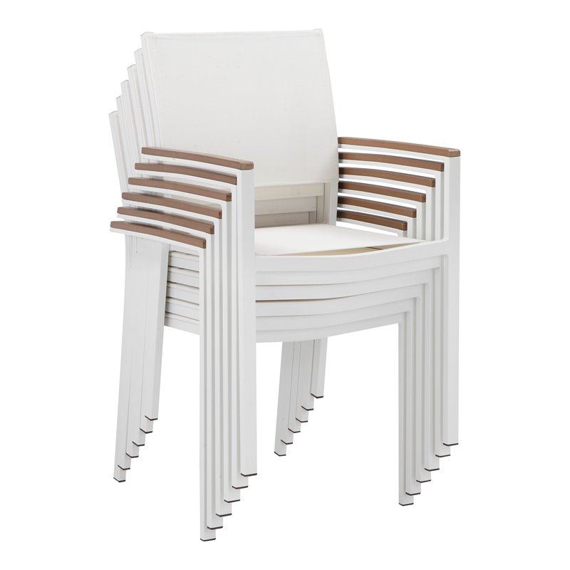 Pangea Home David Aluminum Patio Dining Char in White/Natural Teak (Set of 6)
