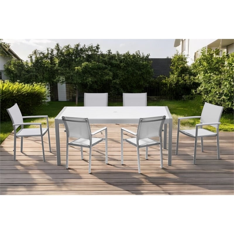 Pangea Home David Modern Aluminum Patio Dining Set in Brush Frame/White