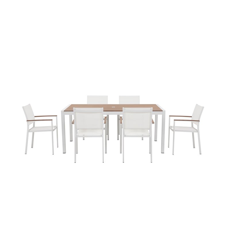 Pangea Home David Aluminum Frame Patio Dining Set in White/Natural Teak