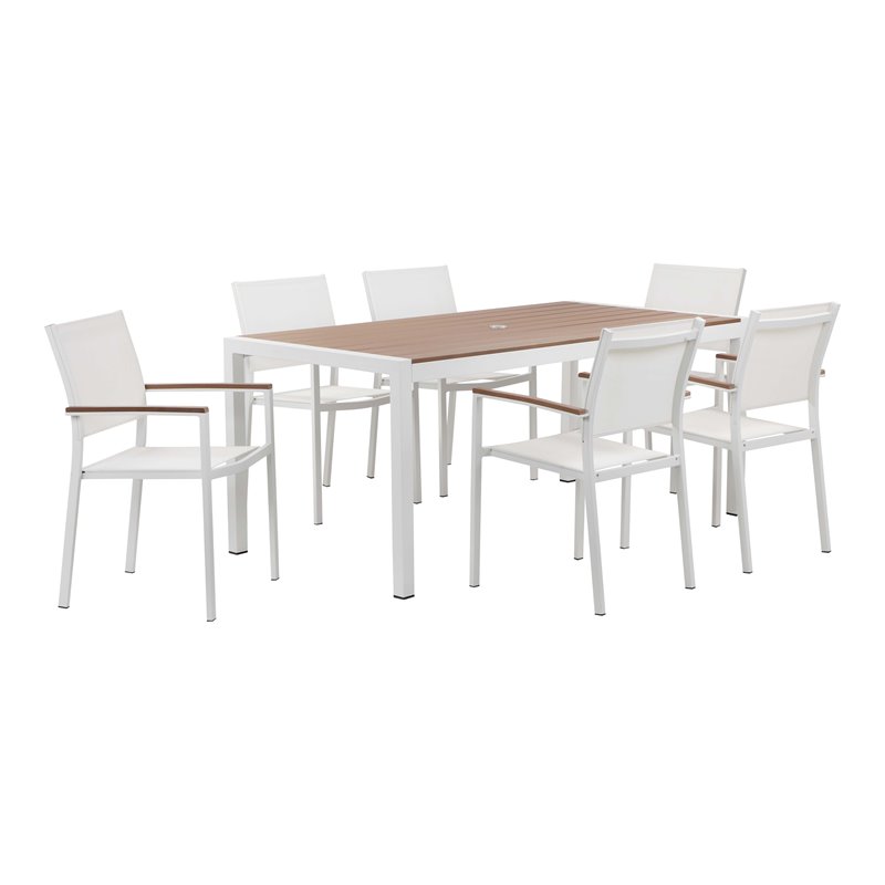 Pangea Home David Aluminum Frame Patio Dining Set in White/Natural Teak