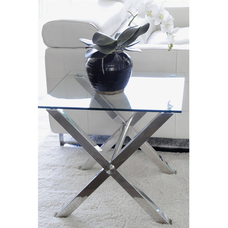 Pangea Home Beverly Modern Tempered Glass & Polished Steel Side Table in Clear