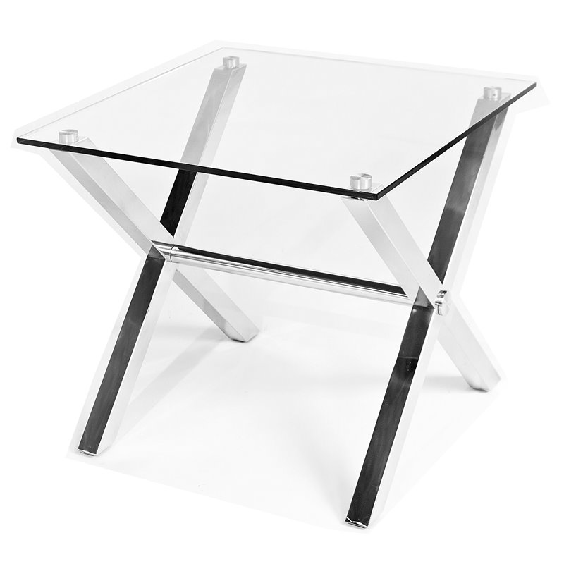 Pangea Home Beverly Modern Tempered Glass & Polished Steel Side Table in Clear