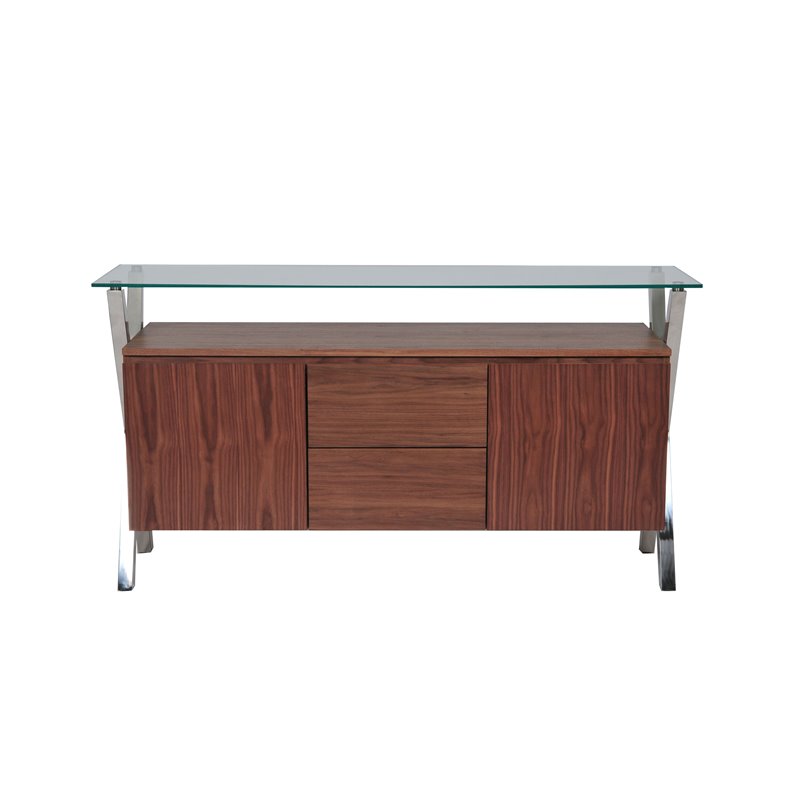 Pangea Home Beverly Modern Wood Veneer & High Polished Steel Buffet in Walnut