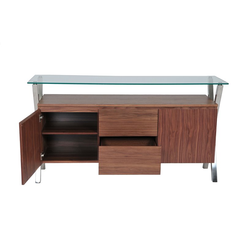 Pangea Home Beverly Modern Wood Veneer & High Polished Steel Buffet in Walnut