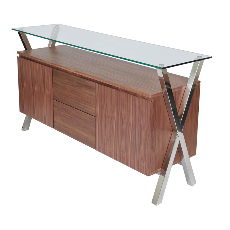 Pangea Home Beverly Modern Wood Veneer & High Polished Steel Buffet in Walnut