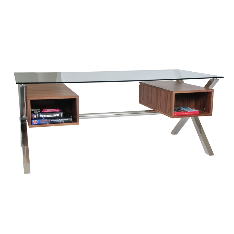 Pangea Home Beverly Large Modern Tempered Glass & Wood Veneer Desk in Walnut