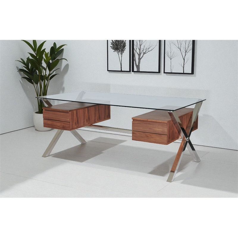 Pangea Home Beverly Large Modern Tempered Glass & Wood Veneer Desk in Walnut