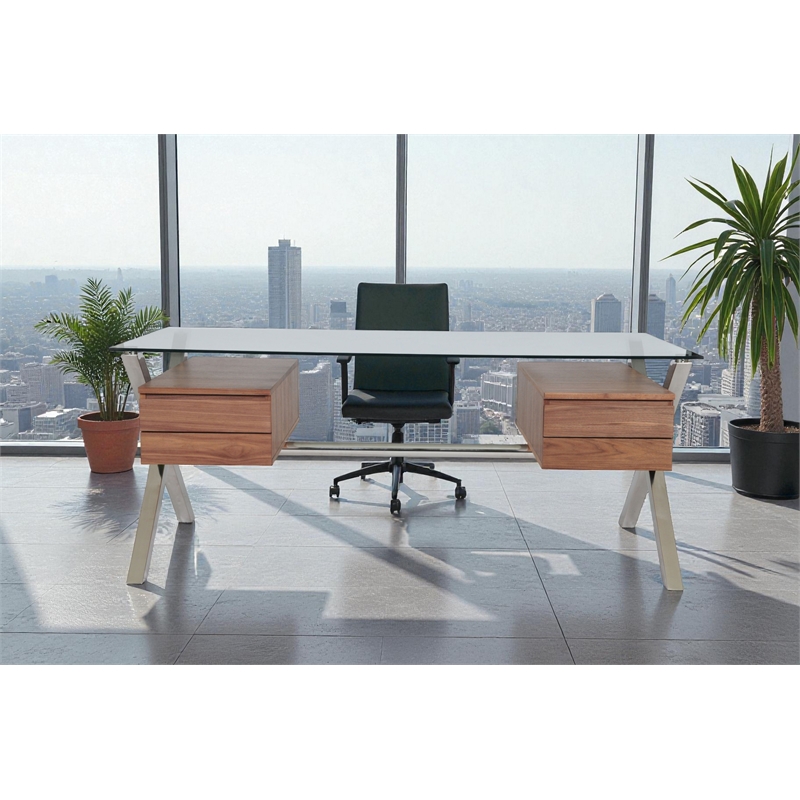 Pangea Home Beverly Large Modern Tempered Glass & Wood Veneer Desk in Walnut