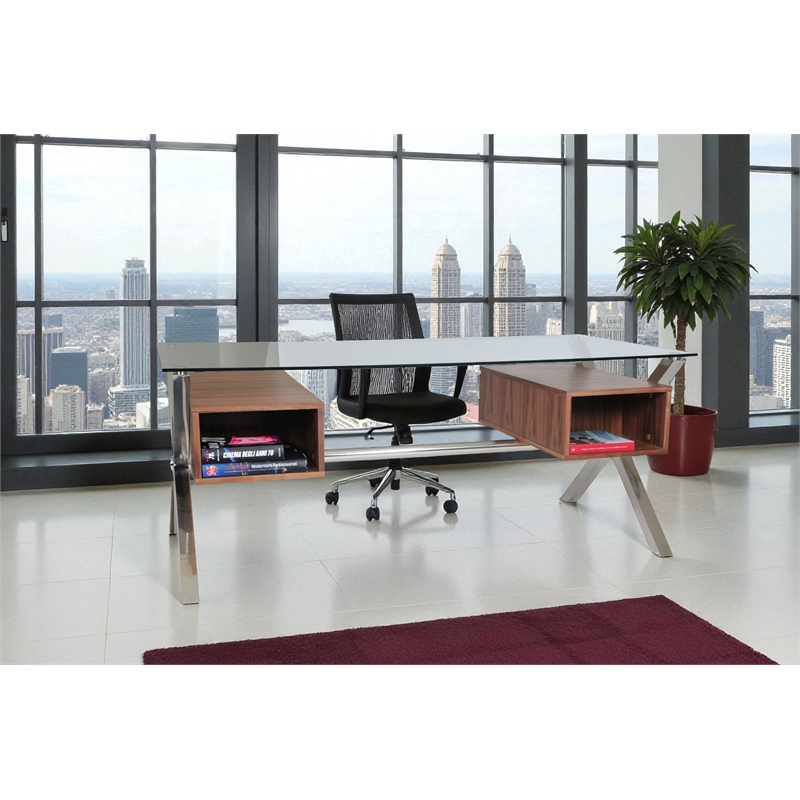 Pangea Home Beverly Large Modern Tempered Glass & Wood Veneer Desk in Walnut