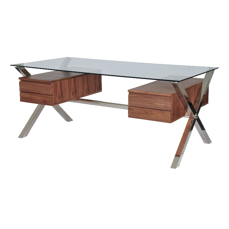 Pangea Home Beverly Large Modern Tempered Glass & Wood Veneer Desk in Walnut