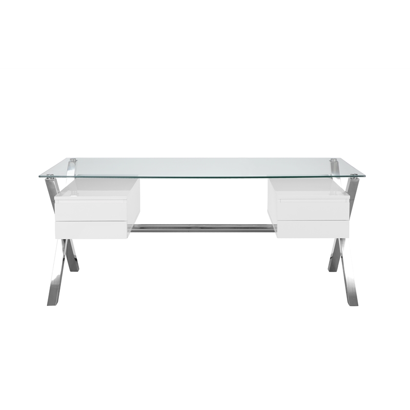 Pangea Home Beverly Large Modern Tempered Glass & Lacquer Wood Desk in White