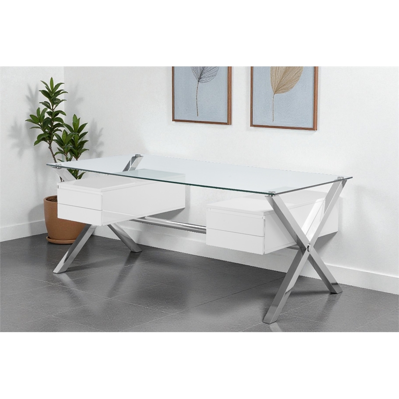 Pangea Home Beverly Large Modern Tempered Glass & Lacquer Wood Desk in White