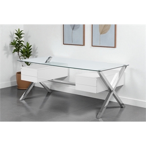 Pangea Home Beverly Large Modern Tempered Glass & Lacquer Wood Desk in White