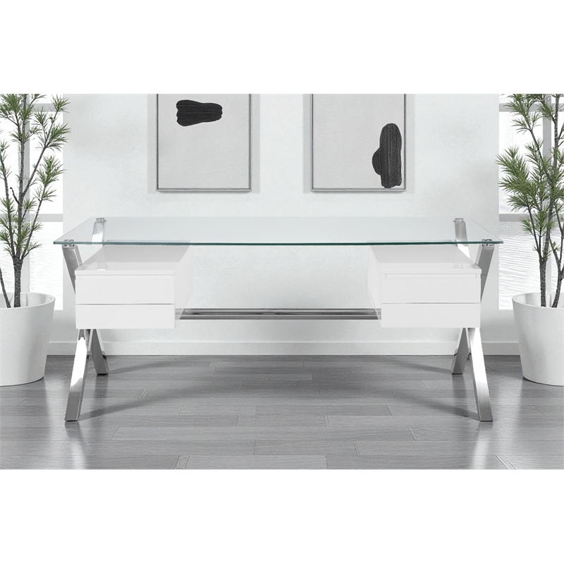 Pangea Home Beverly Large Modern Tempered Glass & Lacquer Wood Desk in White