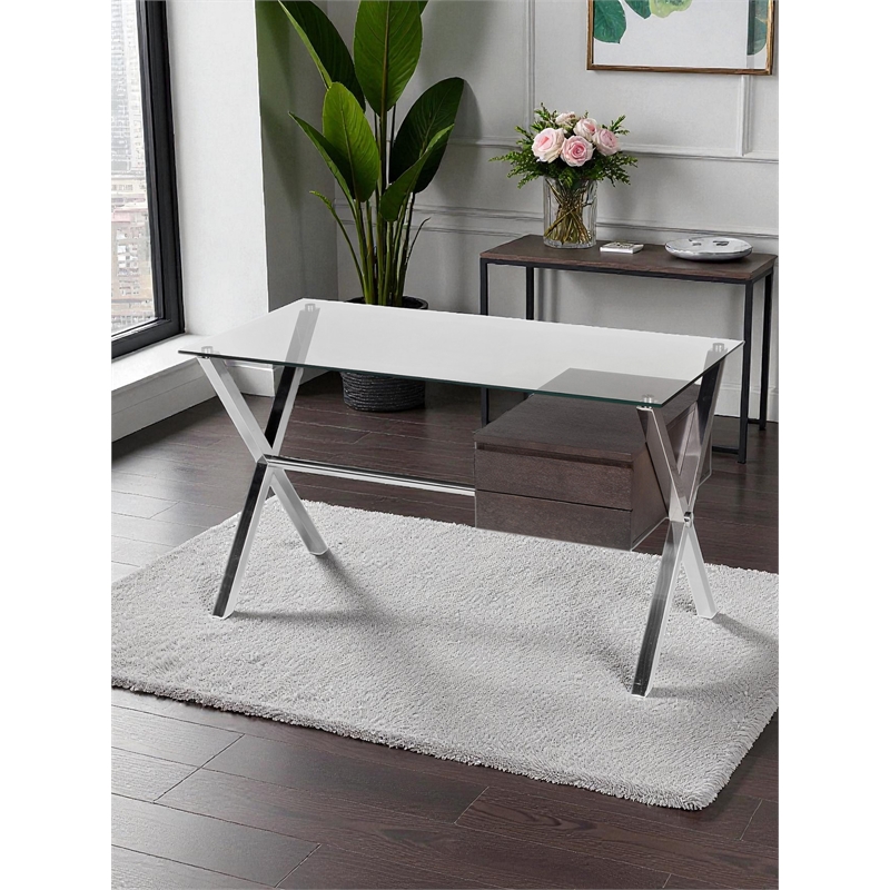 Pangea Home Beverly Small Modern Tempered Glass & Wood Veneer Desk in Espresso