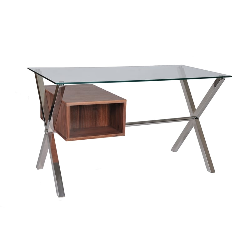 Pangea Home Beverly Small Modern Tempered Glass & Wood Veneer Desk in Walnut