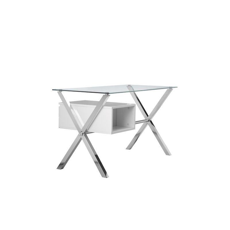 Pangea Home Beverly Small Modern Tempered Glass & Lacquer Wood Desk in White
