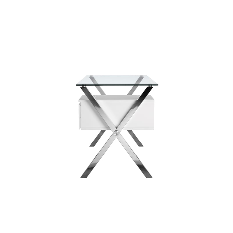 Pangea Home Beverly Small Modern Tempered Glass & Lacquer Wood Desk in White