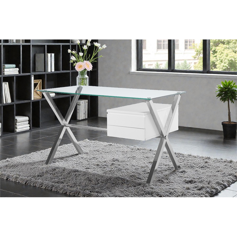 Pangea Home Beverly Small Modern Tempered Glass & Lacquer Wood Desk in White