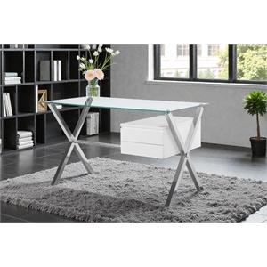 Pangea Home Beverly Small Modern Tempered Glass & Lacquer Wood Desk in White
