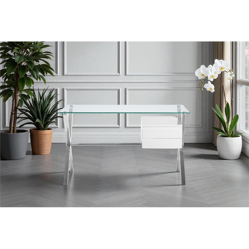 Pangea Home Beverly Small Modern Tempered Glass & Lacquer Wood Desk in White