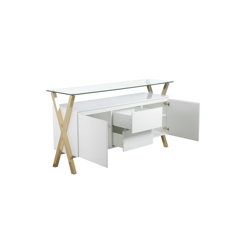 Pangea Home Beverly Modern Glass & Polished Steel Buffet in Gold/White and Clear