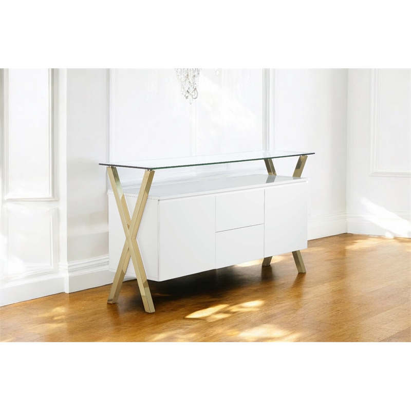 Pangea Home Beverly Modern Glass & Polished Steel Buffet in Gold/White and Clear